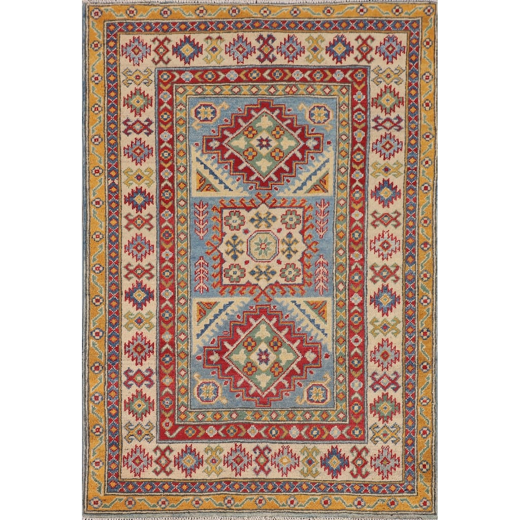 Geometric Kazak Accent Rug Handmade Foyer Wool Carpet - 3'2" x 4'8"