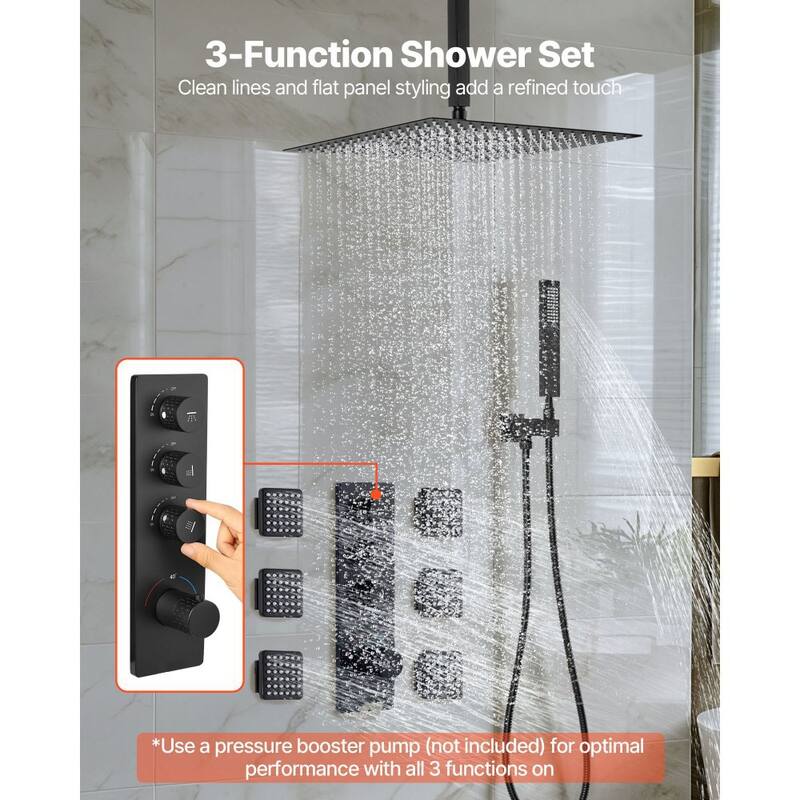 3-Function Thermostatic Shower System Matte Black with 16” Rain Shower and Body Massage Jets