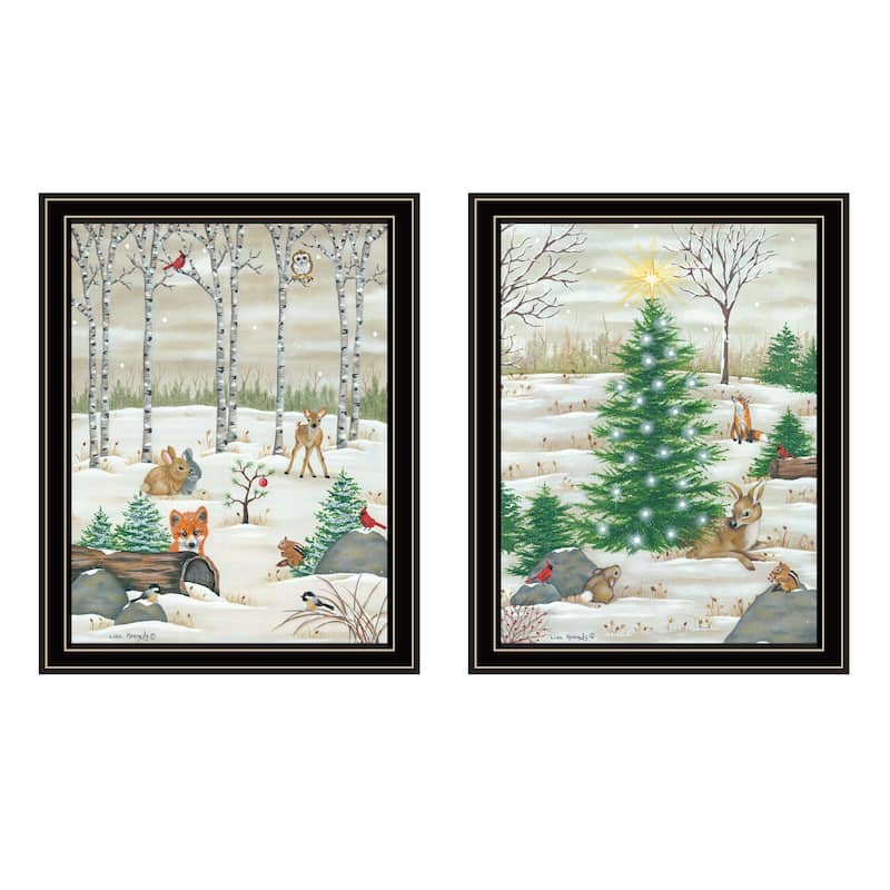 2-Piece Framed Wall Art Set - Woodland Critters for Christmas, Black Frame