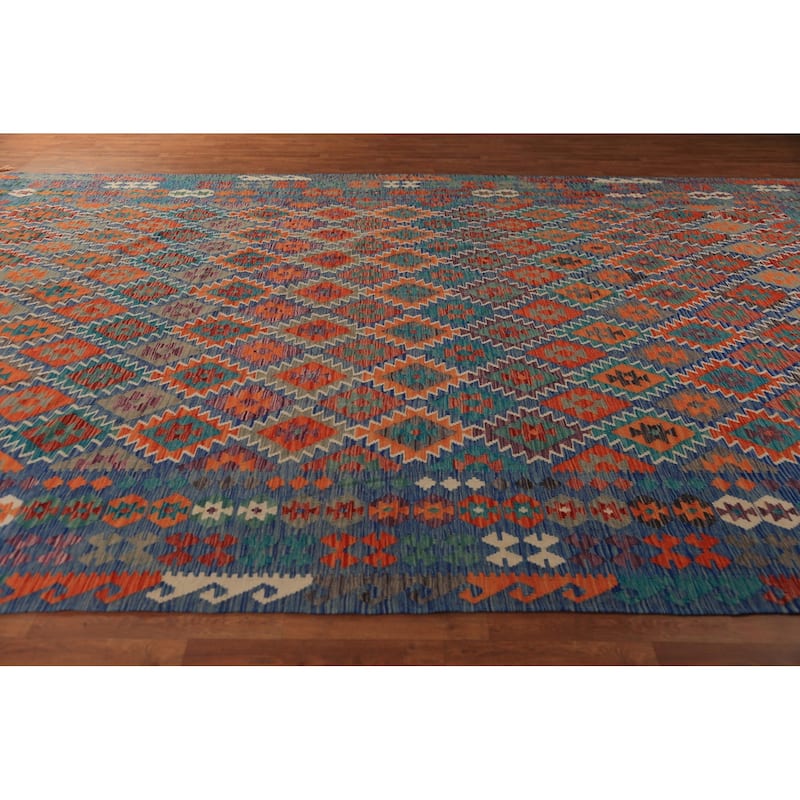 Reversible Blue Kilim Oriental Large Rug Flatweave Wool Carpet - 10'0"x 15'9"