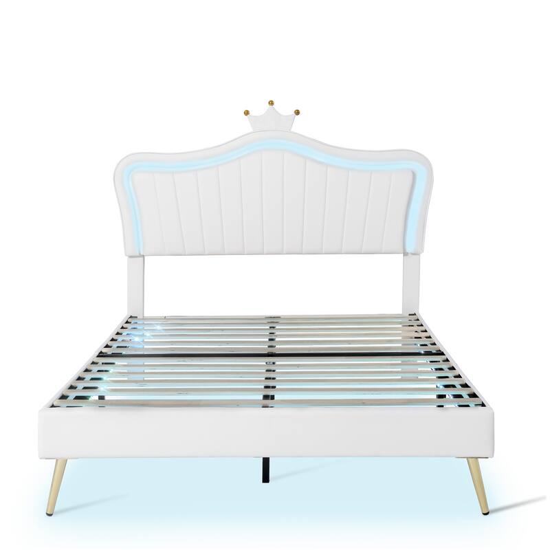 Modern Queen/Twin Full Upholstered Platform Bed with LED Lights, Adjustable Crown Headboard, No Box Spring