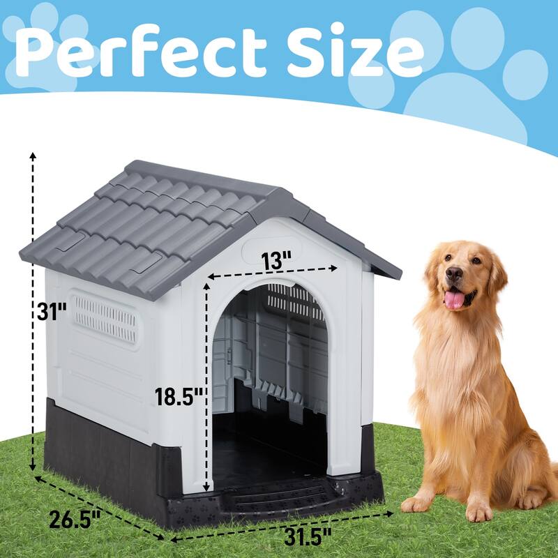 Plastic Dog House with Air Vents, Elevated Floor, Insulated Outdoor Indoor Kennel for Small Dogs