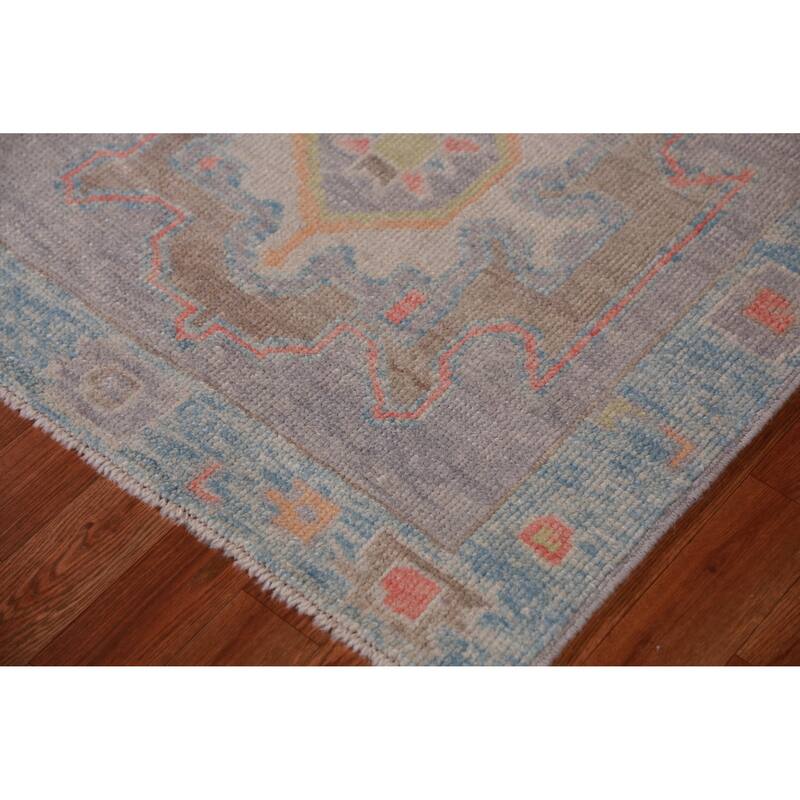 Hand Knotted Oriental 100% Wool Carpet Transitional Geometric Purples Oushak Runner Rug - 11' 11'' X 2' 10''