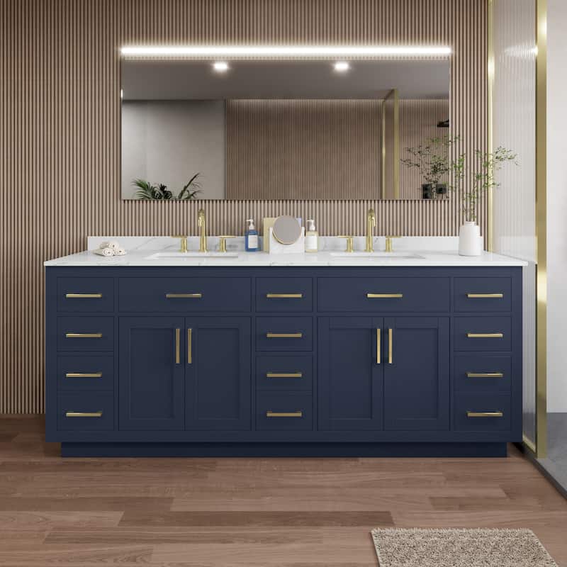 Wyndham Collection WCG262684D-QTZ-US3MXX Beckett TK 84" Free Standing - Dark Blue / Giotto Quartz Top / Brushed Gold