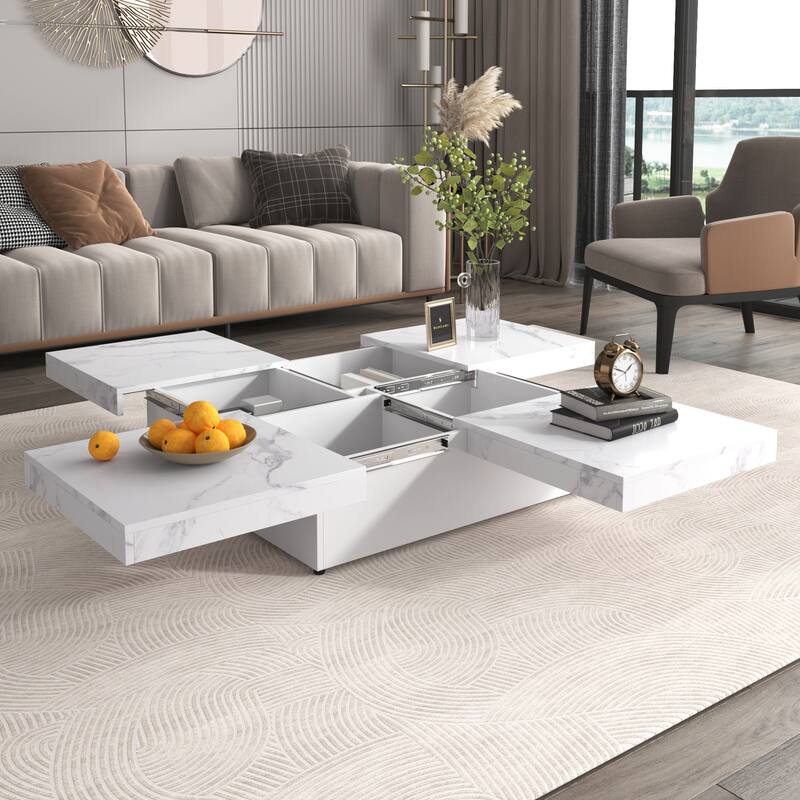 Modern Square Extendable Coffee Table with Sliding Top, Cocktail Table Center Table with 4 Hidden Storage Compartments for Home