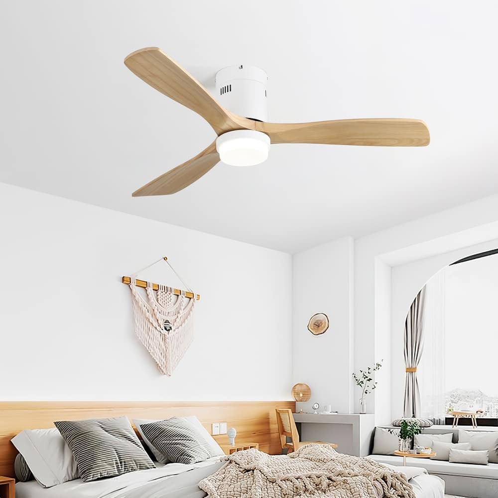 52" Flush Mount Ceiling Fan with Light, Noiseless Reversible Motor Ceiling Fan for Indoor Outdoor, 3 Solid Wood Fan Blades