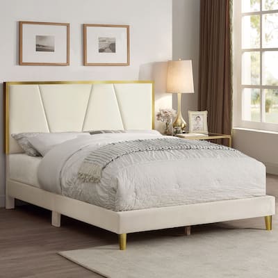 DH BASIC Glam Beige Fully Upholstered Platform Bed with Gold-tone Accents by Denhour