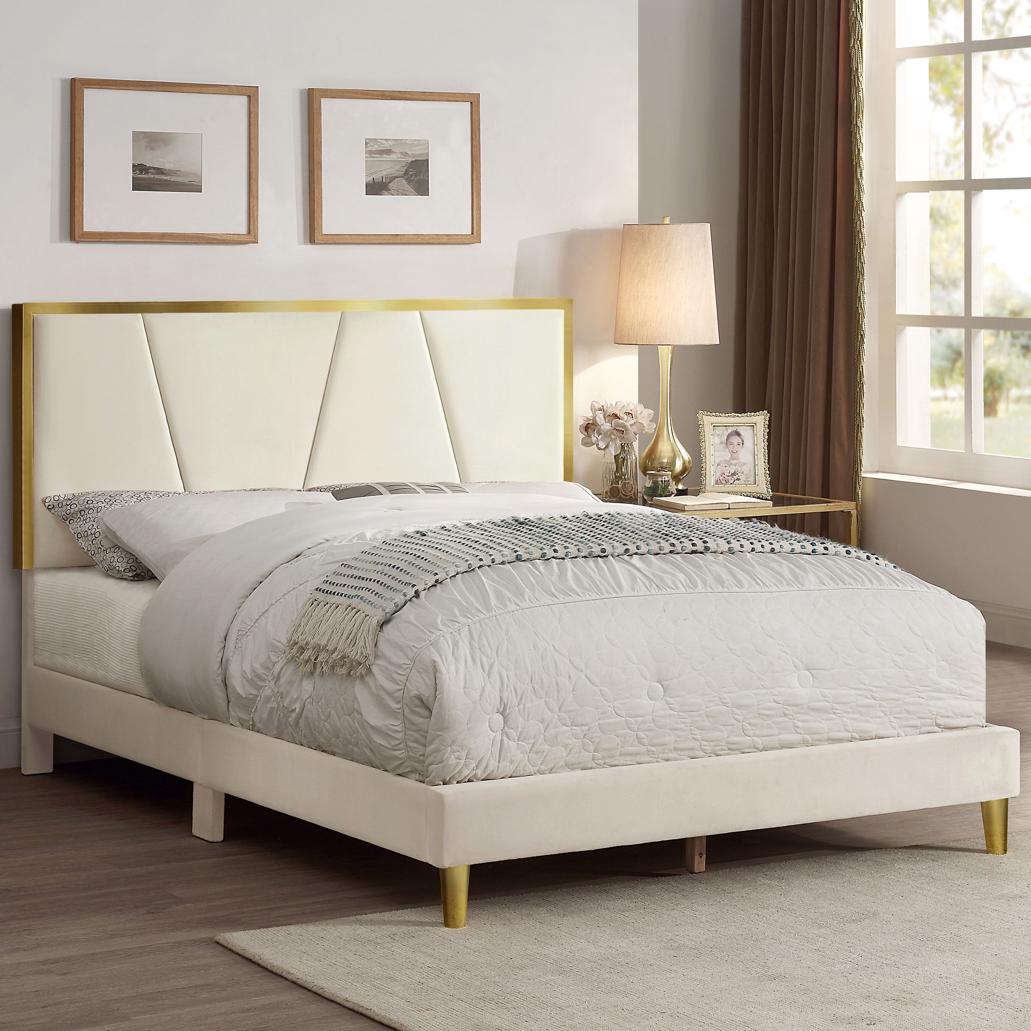 DH BASIC Glam Beige Fully Upholstered Platform Bed with Gold-tone Accents