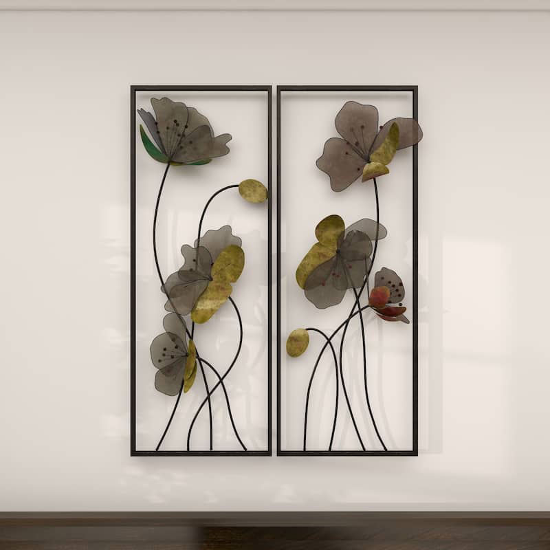 Black Metal Floral Home Wall Decor with Green and Orange Accents (Set of 2)