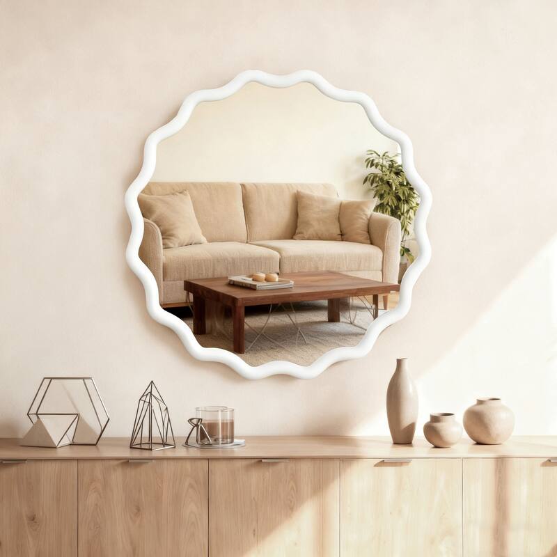 30 inch Wavy Round Solid Wood Frame Decorative Mirror,For Bedroom, Bathroom, Living Room, Entryway