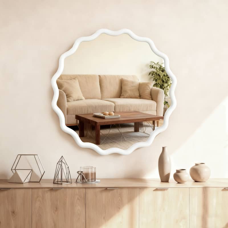 Wavy Round Solid Wood Frame Decorative Mirror Modern Farmhouse Wall Mirror For Bedroom Bathroom Living Room Entryway - White - 30 in. W x 30 in. H