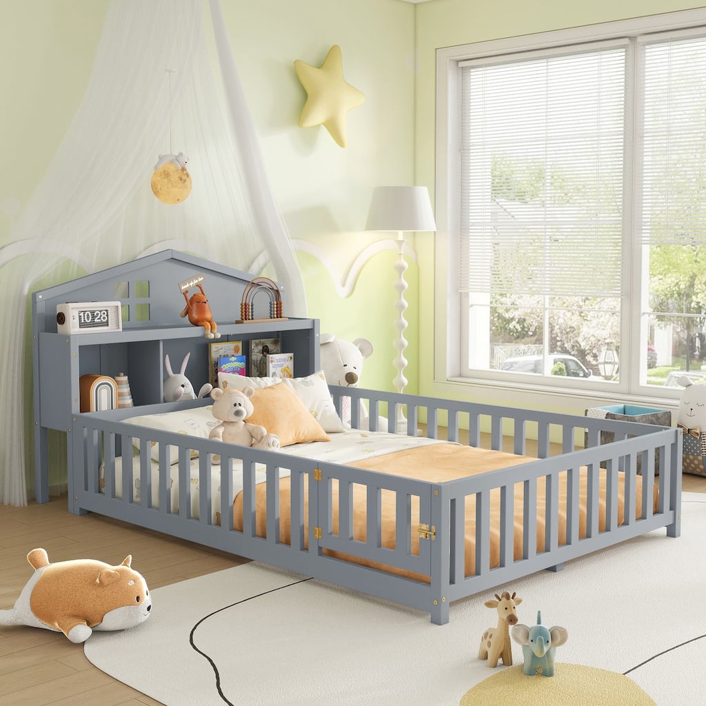 Full-size Montessori Floor Bed with Bookcases, Blackboards, and Storage Headboards for Kids and Teens