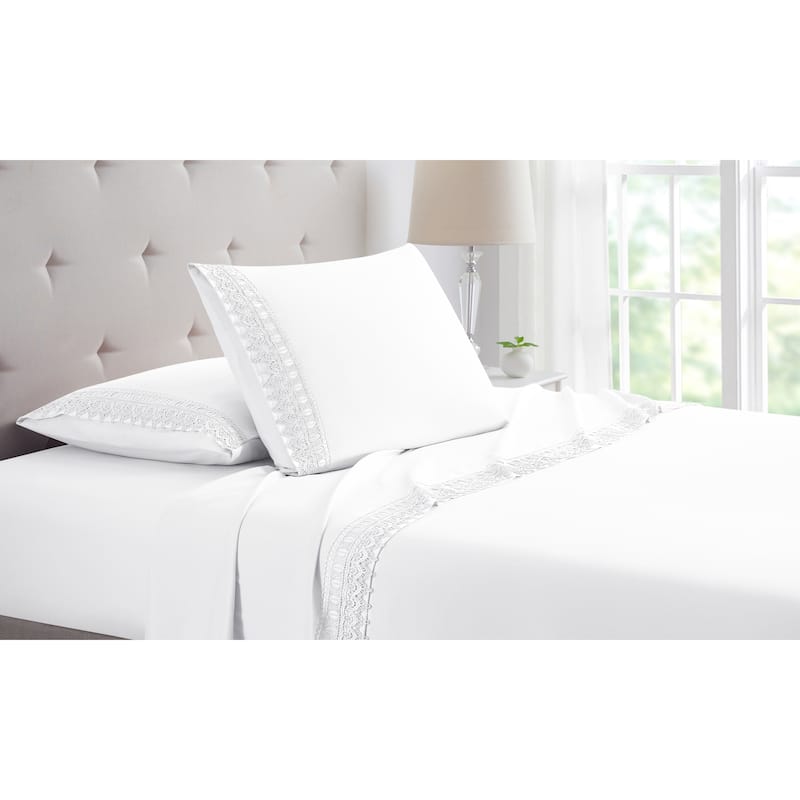 Bamboo Comfort Lace Crochet Embroidery 4 Piece Sheet Set - King - White