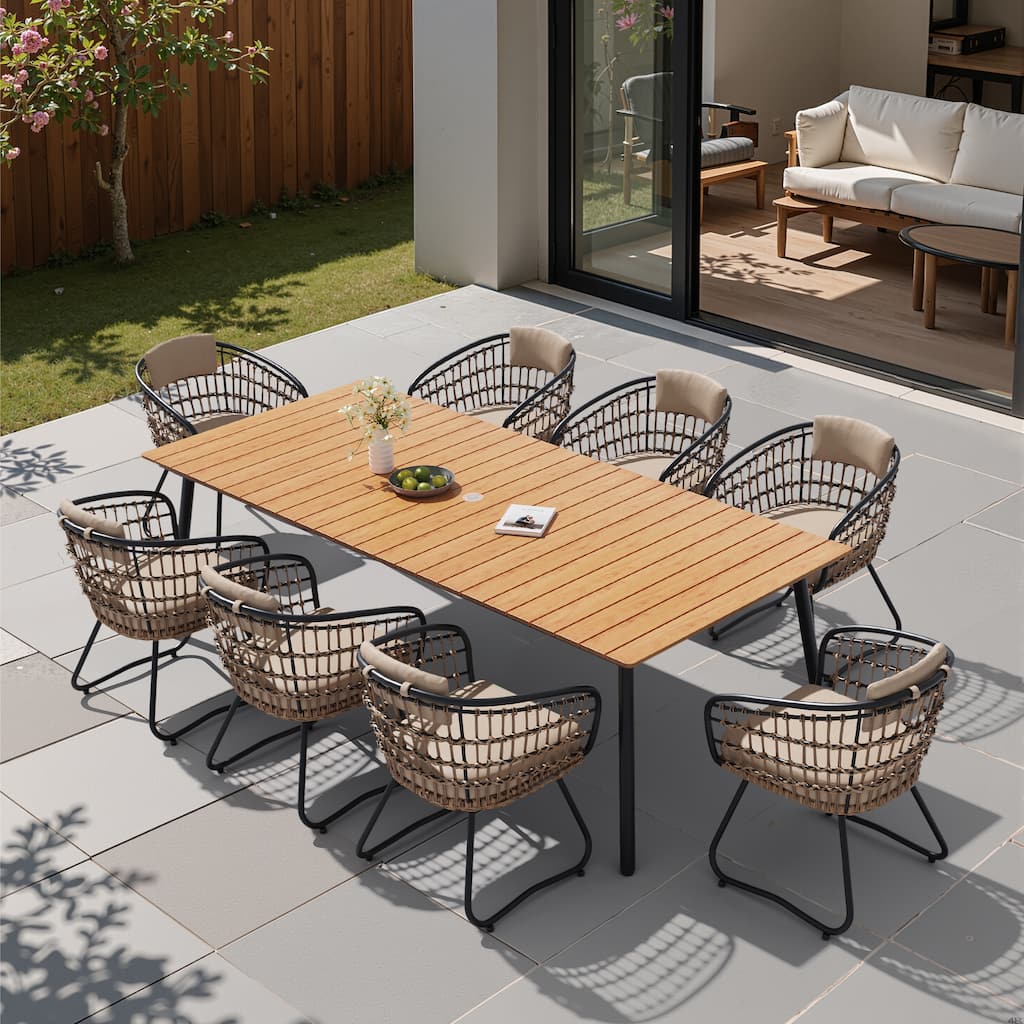9-Piece Outdoor Patio Dining Set Wood-Like Table Top Alumium Umbrella Hole Table with PE Rattan Chairs