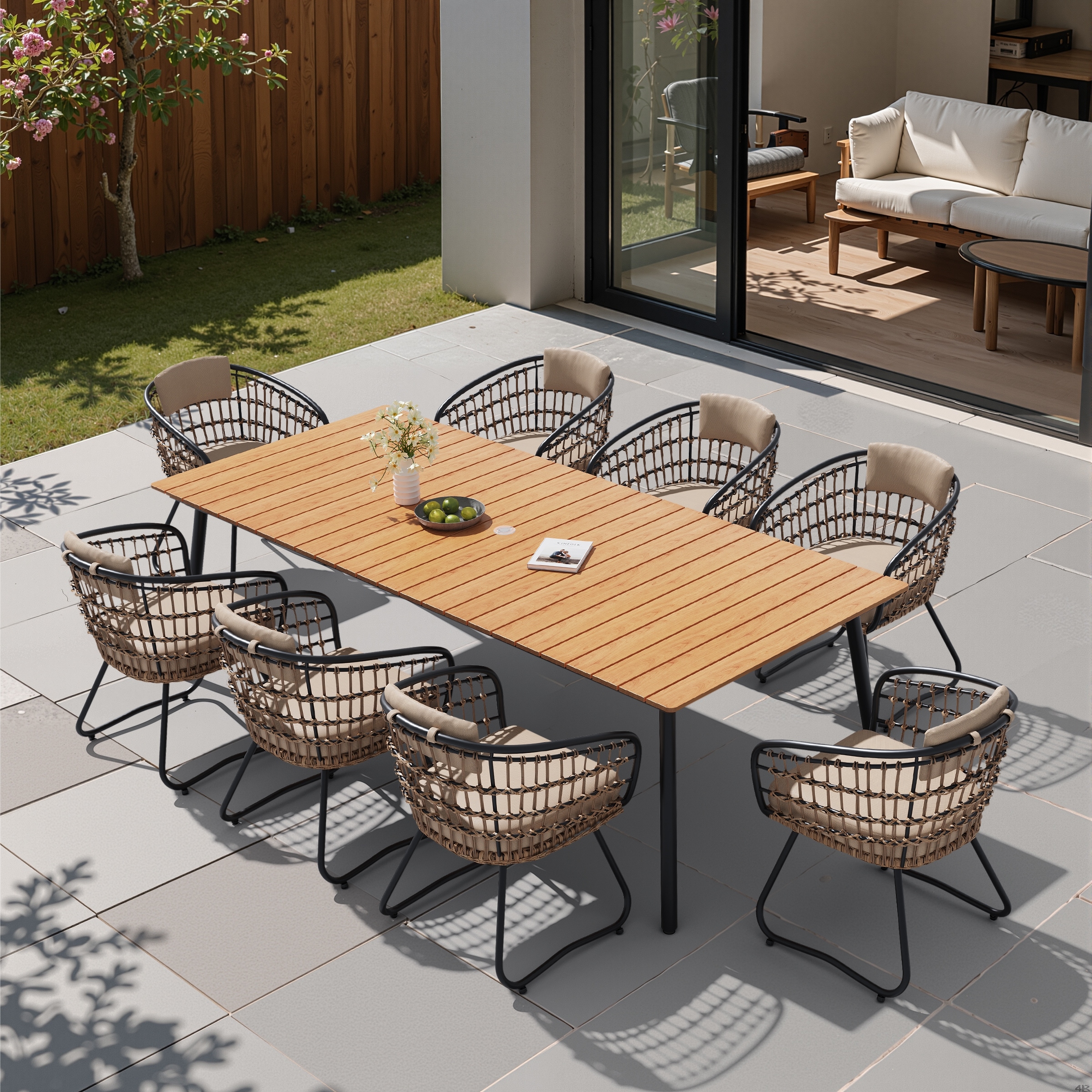 9-Piece Outdoor Patio Dining Set Wood-Like Table Top Aluminum Umbrella Hole Table with PE Rattan Chairs