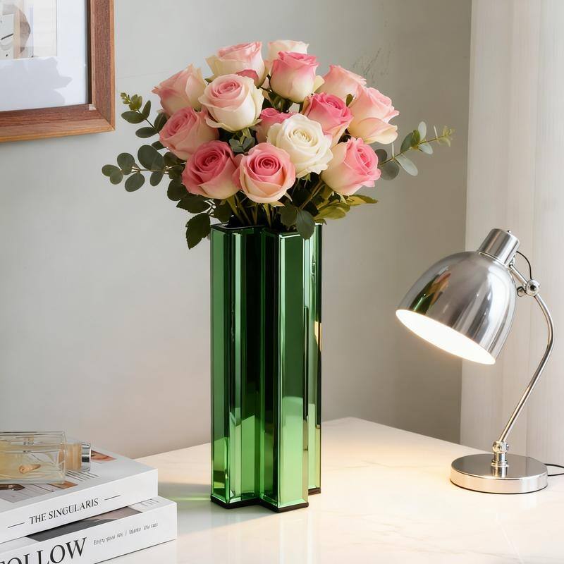 X-Shaped Handmade Mirrored Glass Table Vase - Green