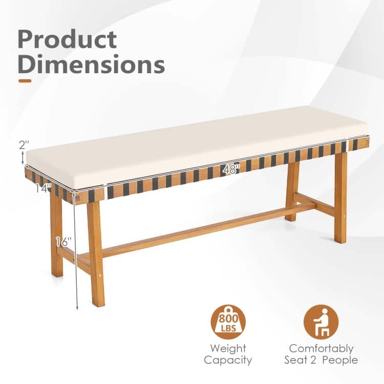 Natural-Off White Acacia Wood Outdoor Bench with Cushion 48 inches Seat - 48" x 14" x 18"