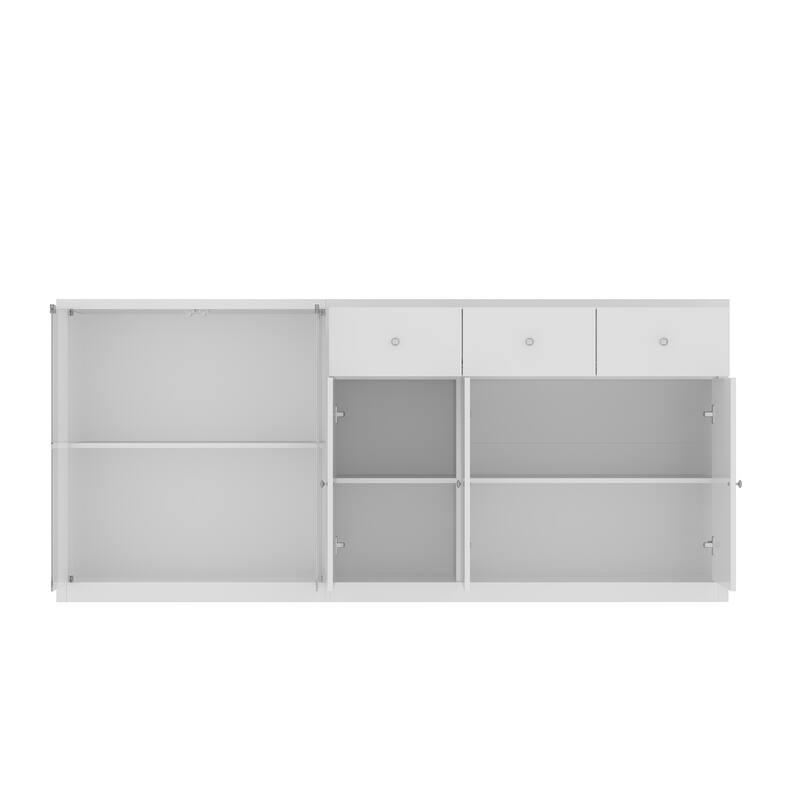 Modern Kitchen Island Buffet Cabinet with Storage Drawers and Tempered Glass Shelves, White Sideboard Cupboard