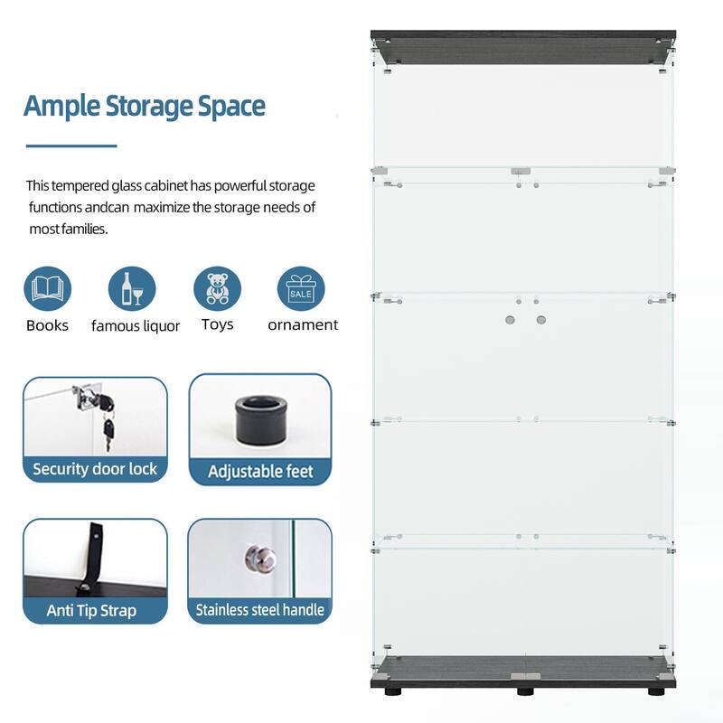 Tempered glass display cabinet with paipai lights,with locks, with adjustable feet,suitable for uneven,living room