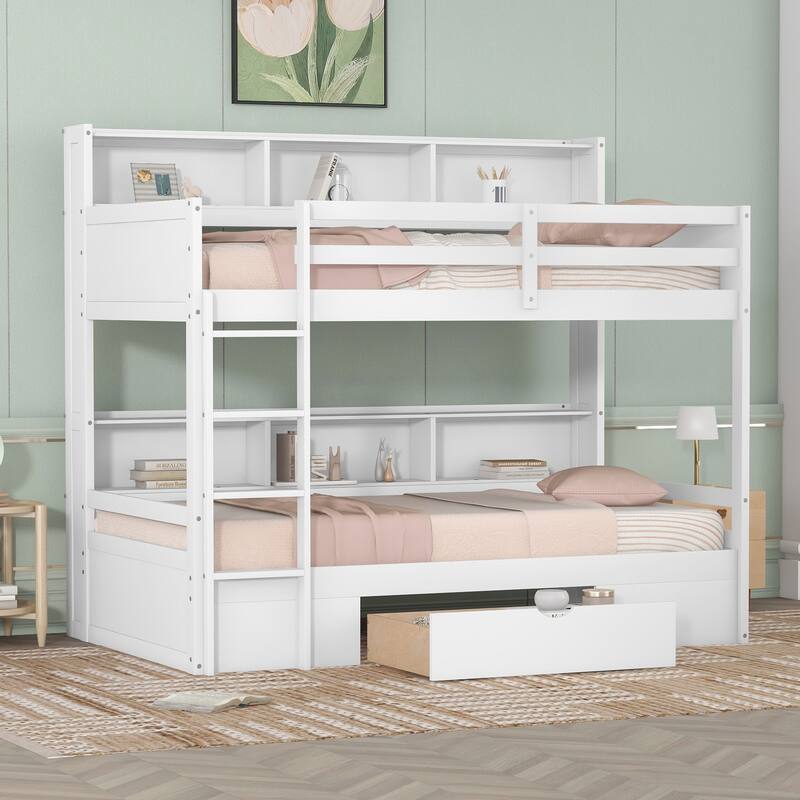 Twin Size Bunk Bed with Built-in Shelves and Storage Drawer, White - White