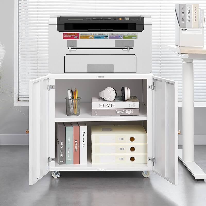 Anmytek White Mobile Metal Printer Stand with Storage Rolling File Cabinet for Home Office