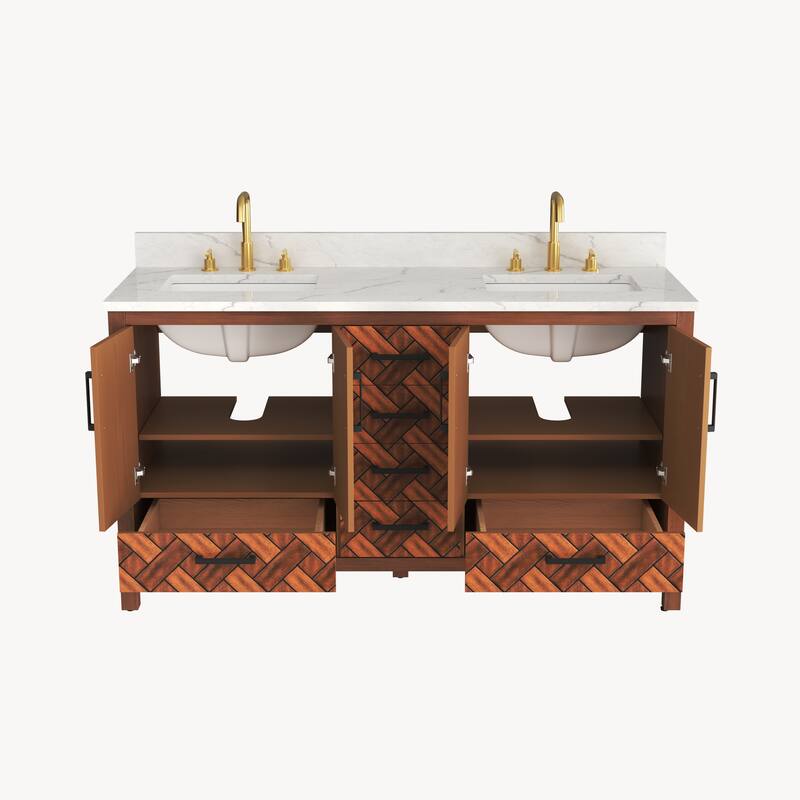 60" Freestanding Bathroom Vanity with Engineered Stone Top, Ceramic Double-Sink, Built-In Power Outlet, and Hair Dryer Storage