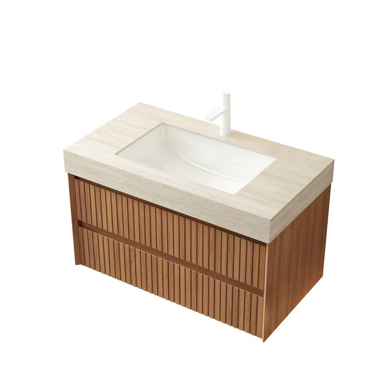 GDFStudio - Tilley Modern Floating Bathroom Vanity with Striped Wood Drawer Fronts & Ceramic Undermount Basin
