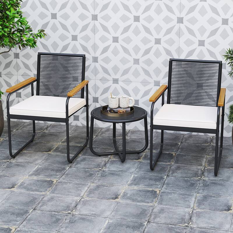 Gymax 3 Pieces Patio Furniture Set PE Wicker Chairs & Side Table