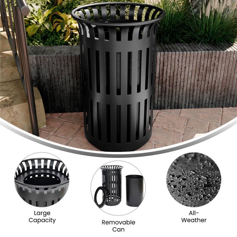 Commercial Outdoor Slatted Steel Trash Can with Inner Bin