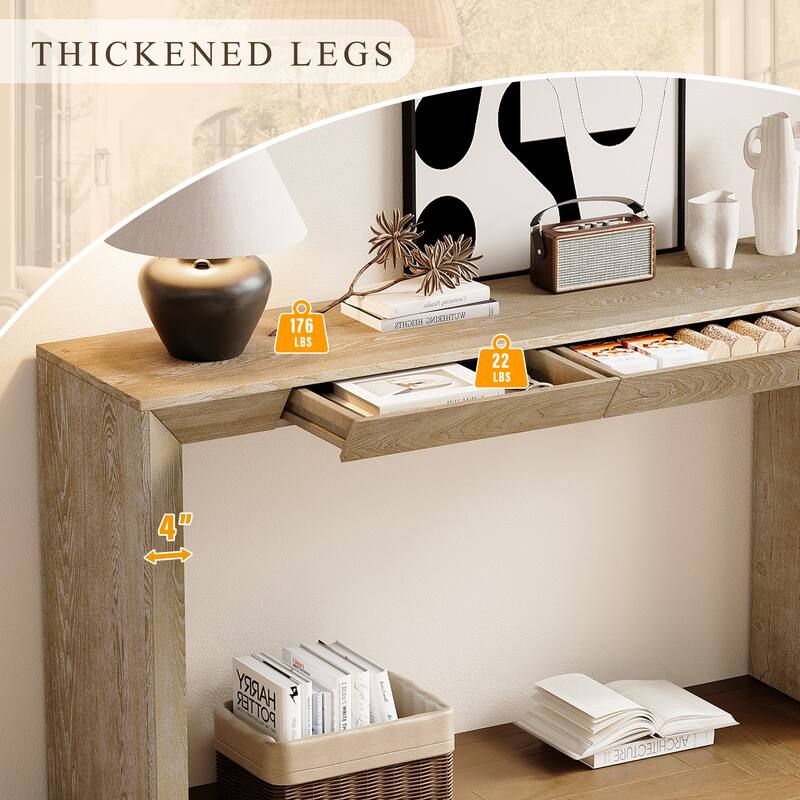 60"Modern Farmhouse Console Table with 2 Concealed Drawers,Waterfall Design Entryway Table with Thickened Legs&Rustic Wood Grain