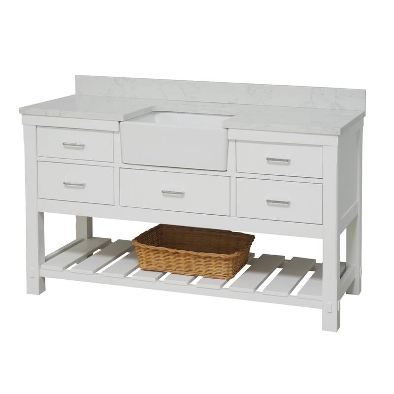 KitchenBathCollection Charlotte 60" Single Farmhouse Bathroom Vanity with Engineered Carrara Top