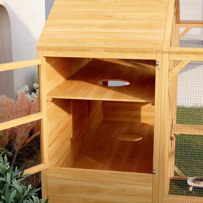 Multi-Functional Wood Chicken Coop Hen House or Cat Cage with Wire Mesh Run