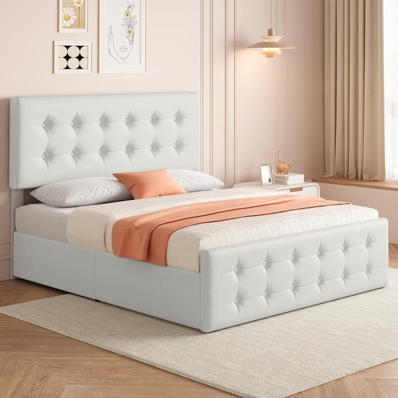 Bed Frame with Adjustable Headboard and 4 Storage Drawers - Beige2 - Queen