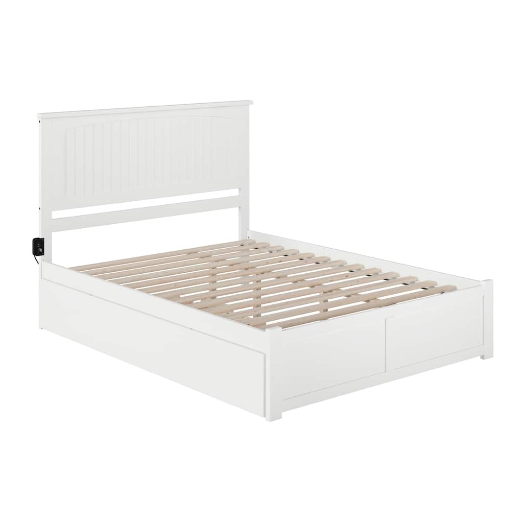 Queen Platform Bed with Footboard, Turbo Charger, and Twin XL Trundle in White for Coastal or Rustic Style