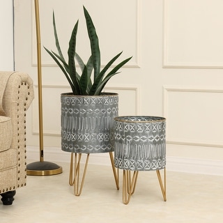 Aztec Grey Round Metal Planters with Gold Legs (Set of 2)