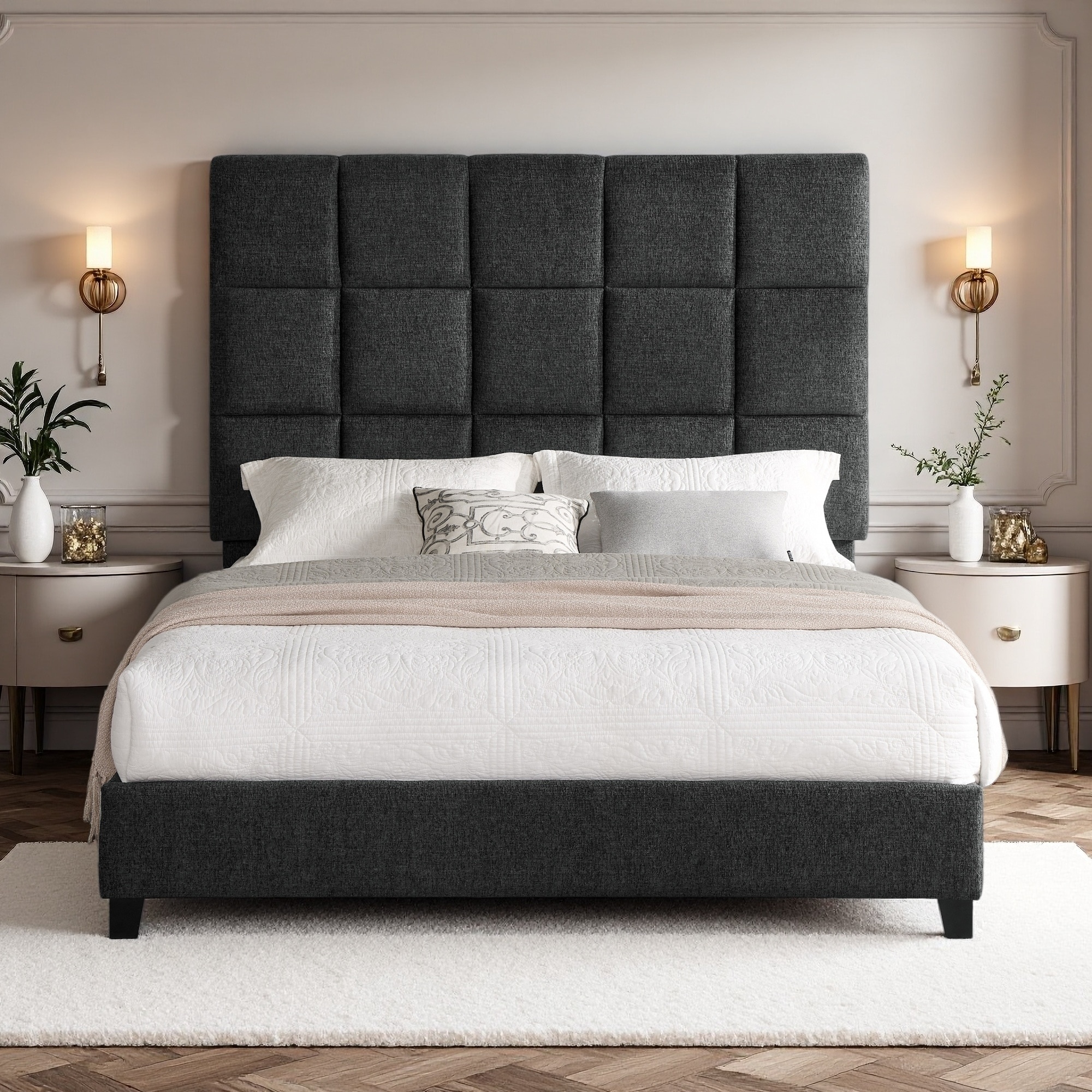 Queen Size Upholstered Platform Bed with Square Tufted Headboard