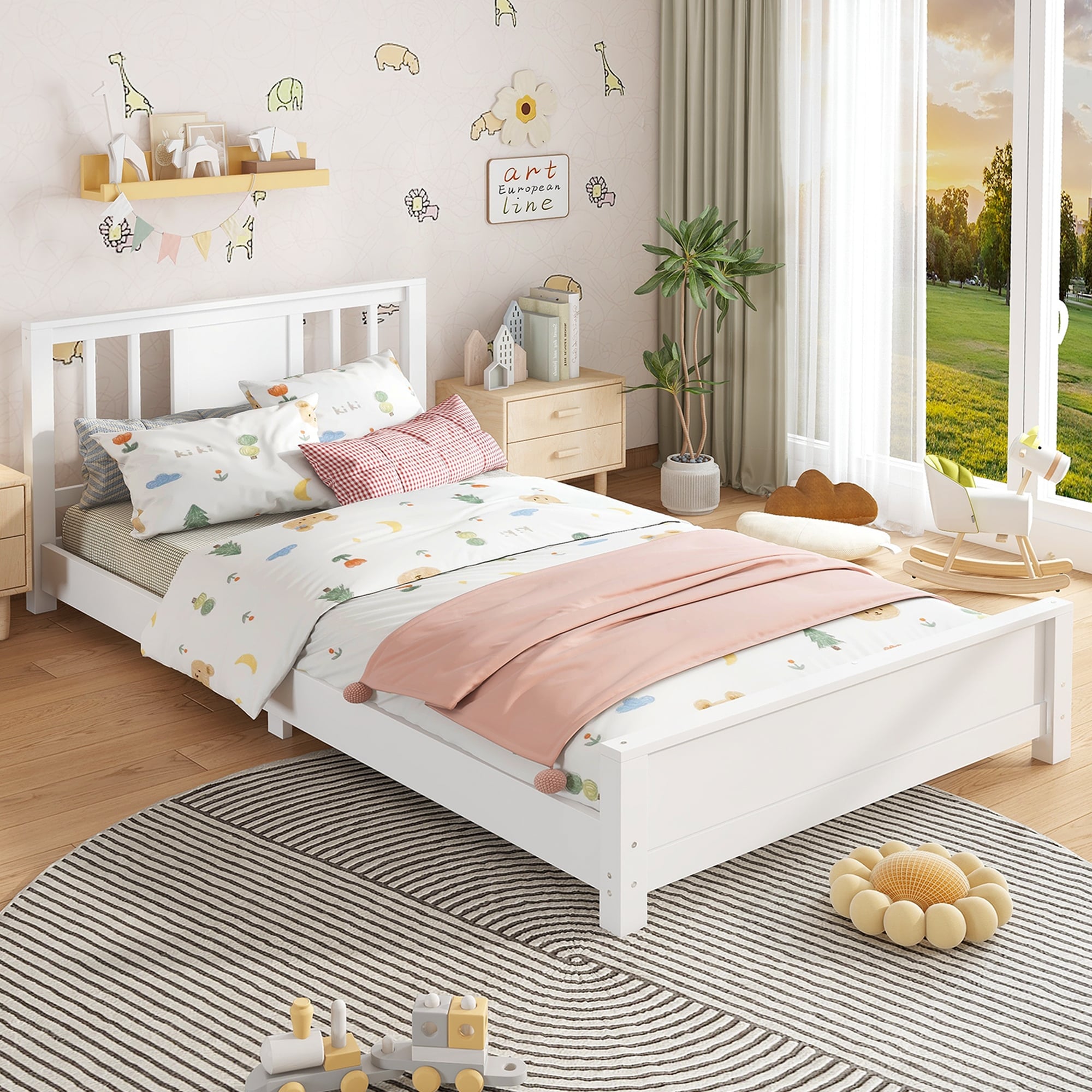 Roomfitters Twin Wood Platform Bed, Classic Slatted Headboard, Modern Low Profile Floor Bed with Pinewood Slats