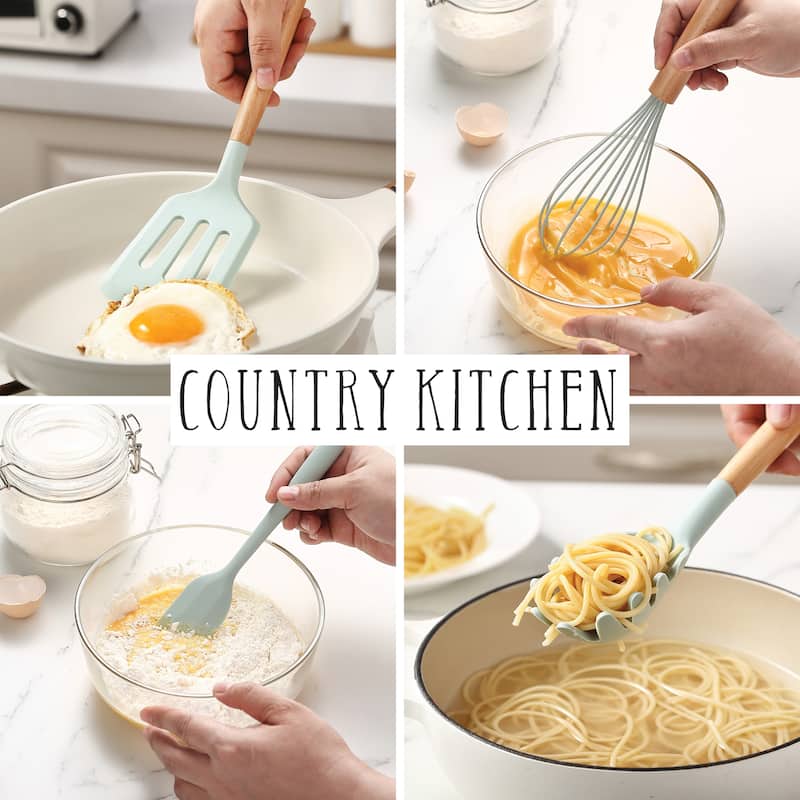Country Kitchen Non Stick Silicone Utensil Set with Rounded Wood Handles for Cooking and Baking, 38 Piece Set