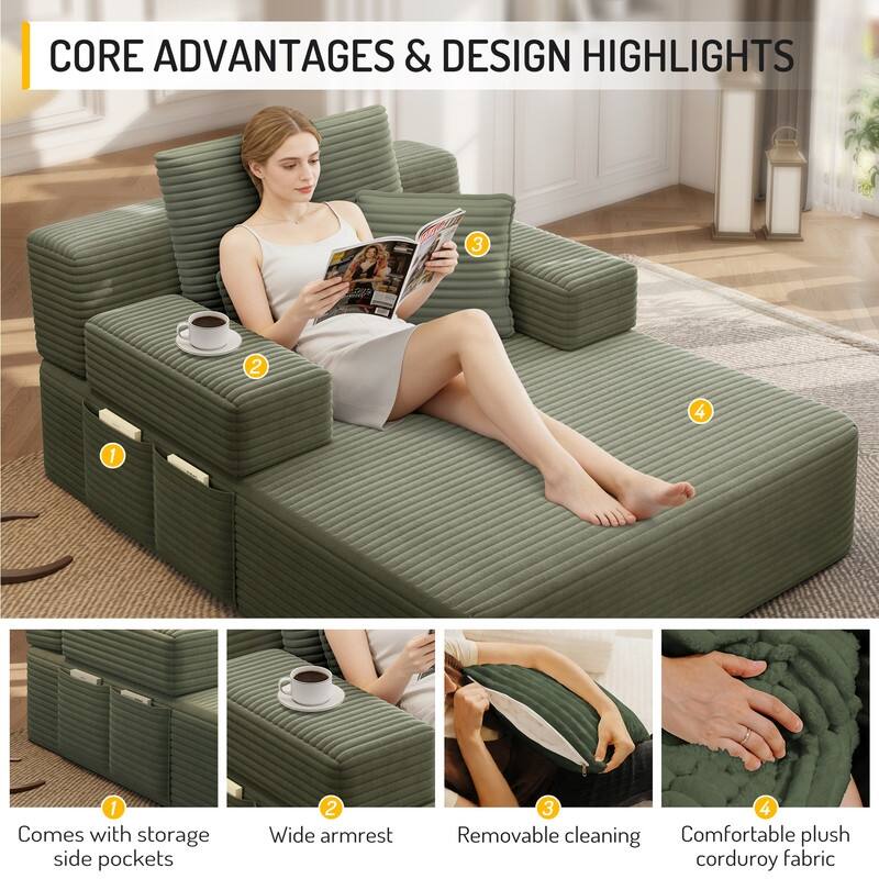 Luxurious Plush Corduroy Chaise Lounge Convertible Sofa Bed with Storage Pocket and Wide Armrests
