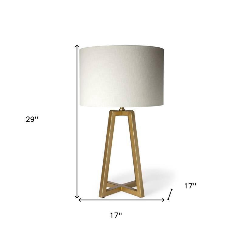 Gold Metal Geometric Table Lamp Base with White Drum Fabric Shade, 3 Way Switch - 17” x 17” x 29” (D x W x H)