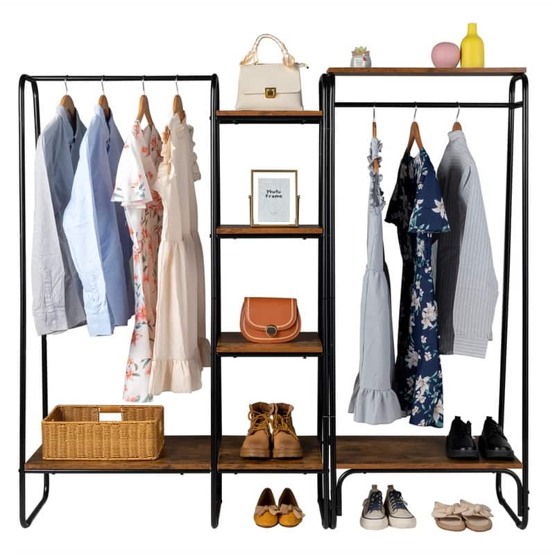 Freestanding Clothing Rack with 2 Wood Shelves - N/A
