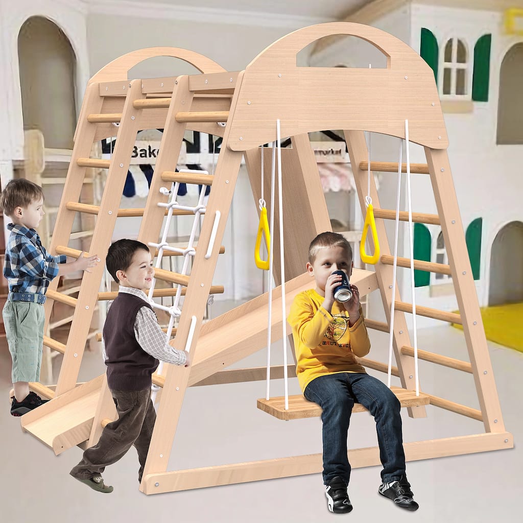 7-in-1 Indoor Jungle Gym Playset w/Slide, Climbing Wall, Rope Wall Climber, Monkey Bars, Swing
