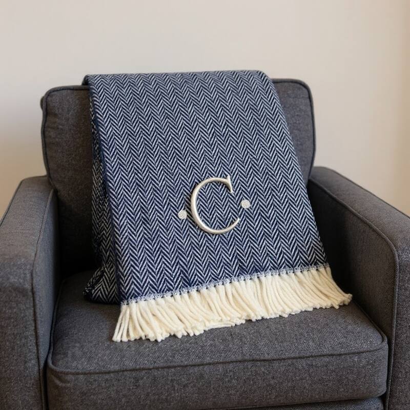 HomeRoots 55" X 70" Navy Blue And White Herringbone Cotton Blend C Initial Throw Blanket with Tassels And Embroidery - Throw - Navy Blue/White
