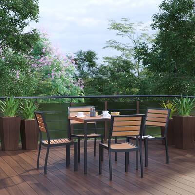 Indoor/Outdoor Faux Teak Table with 4 Club Chairs with Arms