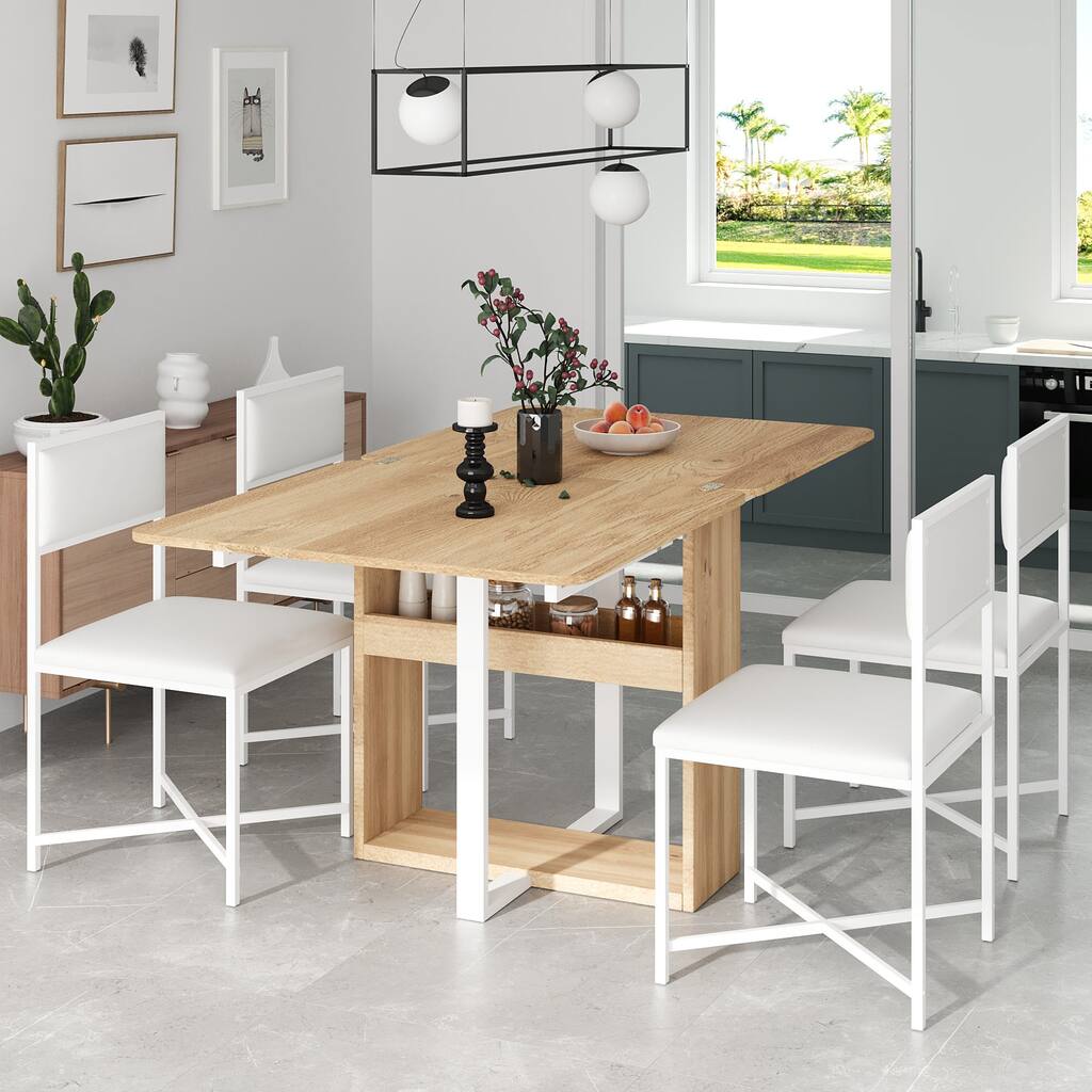 Extendable Dining Set With Storage Rack And PU Chairs For Small Spaces
