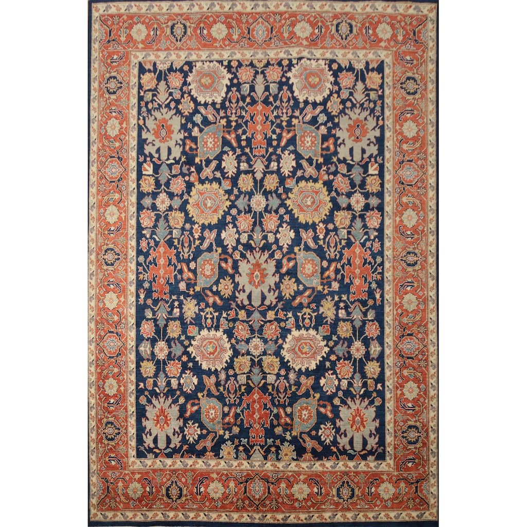 Hand Knotted Oriental 100% Wool Carpet Traditional All-Over Navy Blue & Blues Ziegler Area Rug - 9' 10'' X 8' 0''