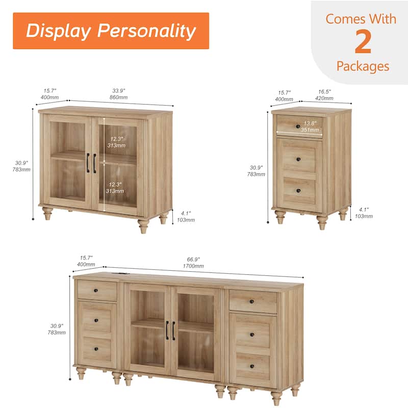 Farmhouse TV Stand with Glass Door, Oak