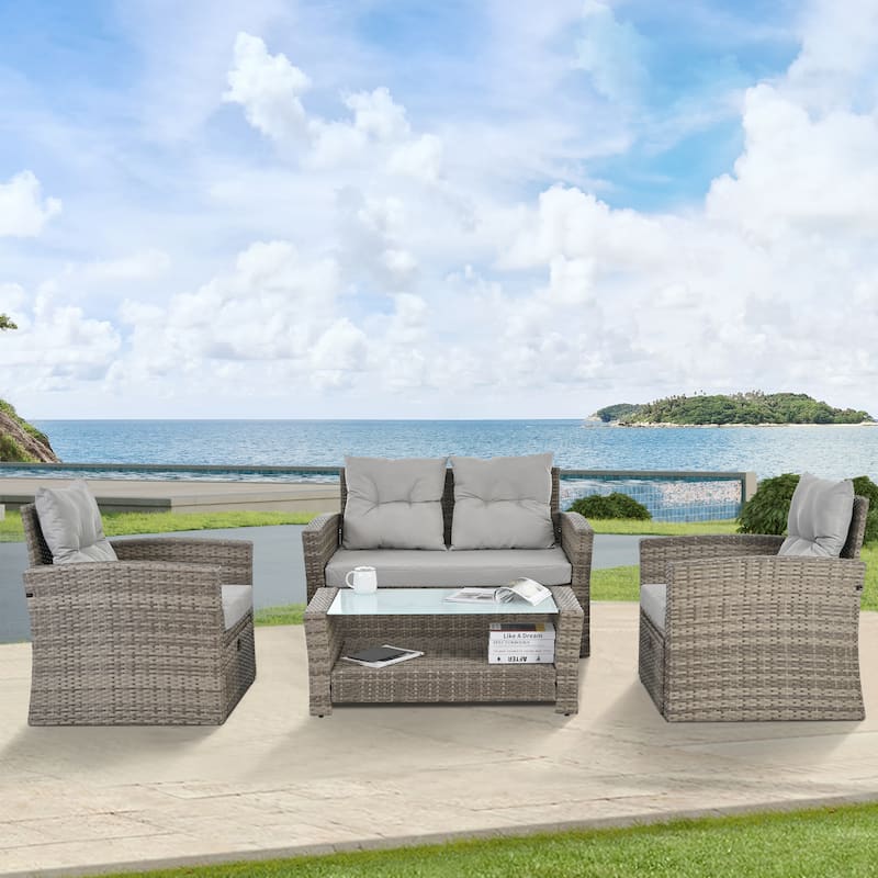 Patio Seasonal PE 6 piece Wicker set With Tempered Glass Coffee Table