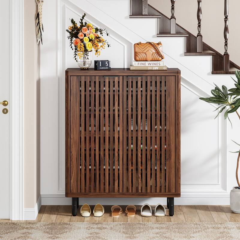 Wooden Shoe Cabinet with Shutter Doors, Adjustable Shelves Large Hidden Storage Organizer Rack for Entryway Hallway