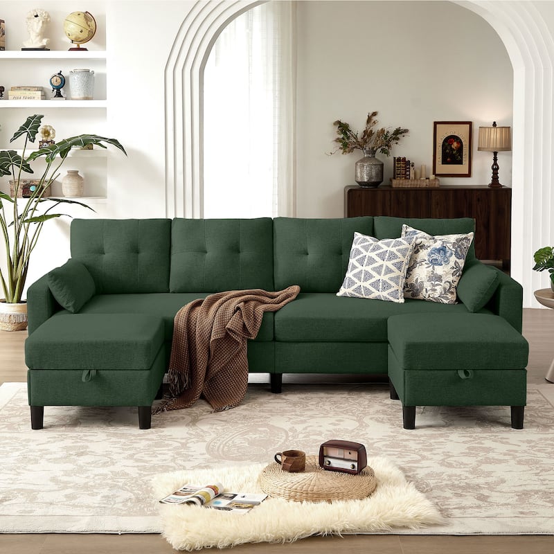 101" Sectional Sofa with Storage Ottoman - Green - U Shaped